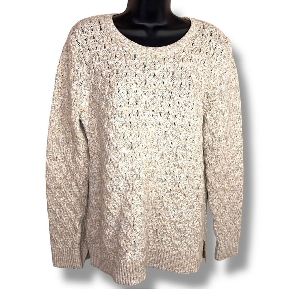 Vintage Large Jeanne Pierre Neutral Light Beige Knit Sweater Cable Knit Cotton